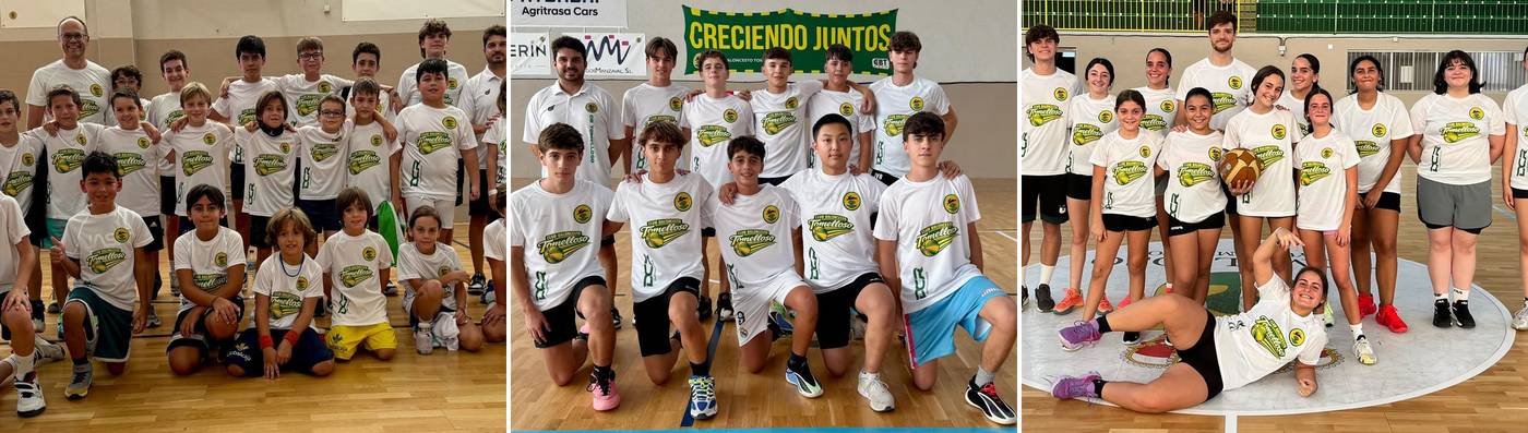 Mosaico con los grupos alevín-infantil, cadete y femenino del Campus de Pretemporada 2026 del Club Baloncesto Tomelloso