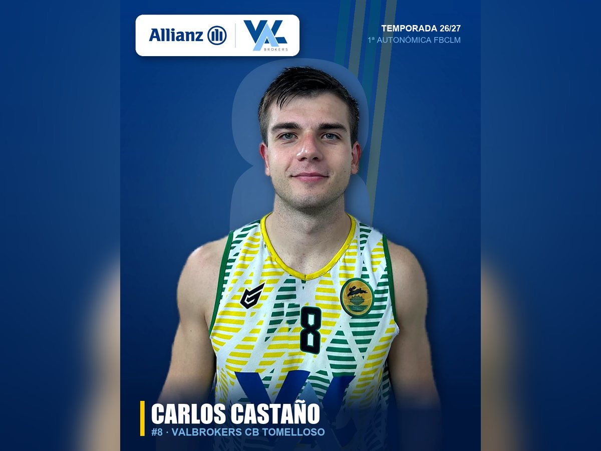Cartel de presentación de Carlos Castaño, número 8 del Valbrokers CB Tomelloso, temporada 2026-27 en 1ª Autonómica FBCLM